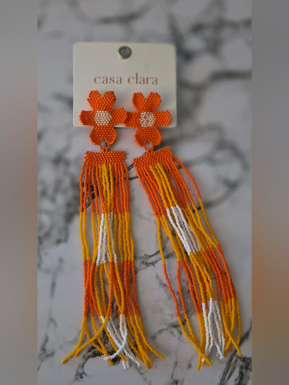 Casa Clara Orange Floral Beaded Fringe Earrings